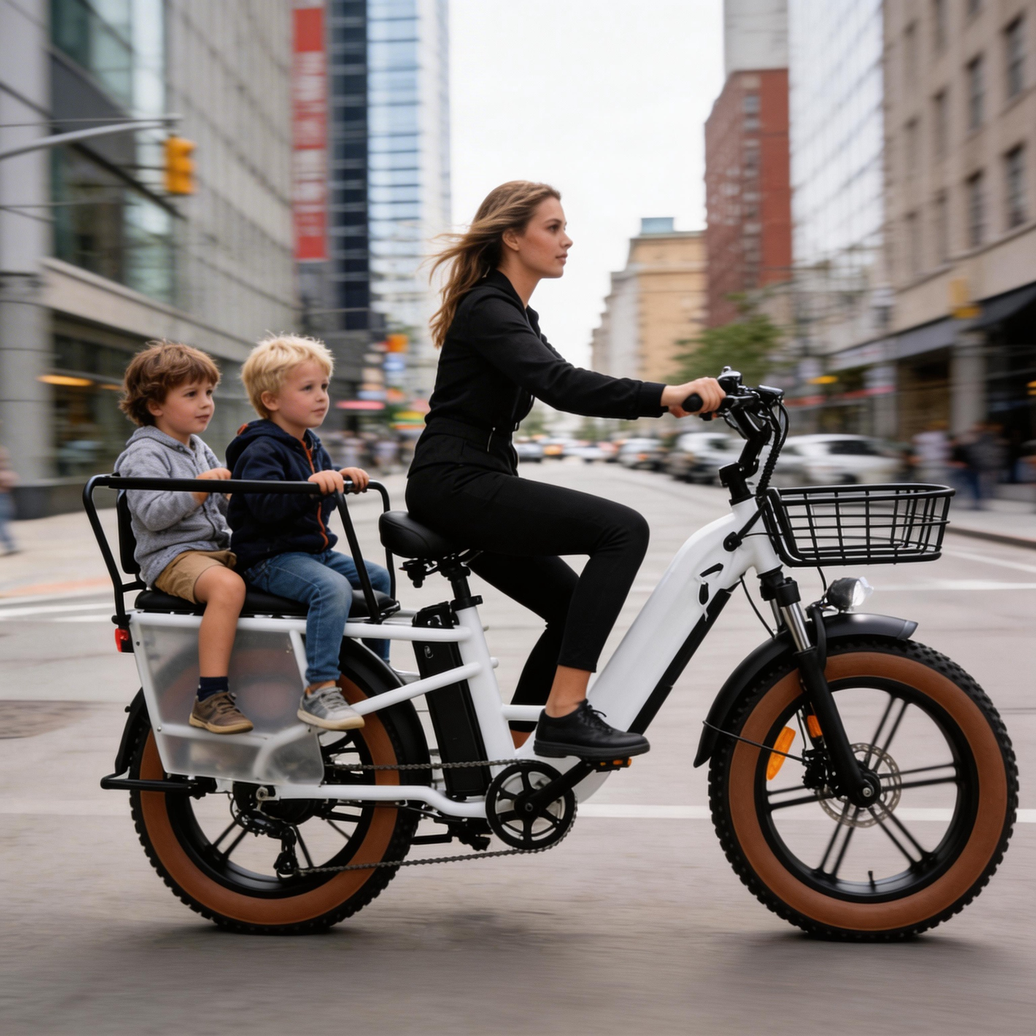 Merkx's new electric cargo bike with a mum and two kids